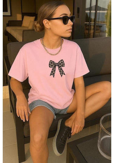 Leopar Desenli Kurdela Baskılı Oversize Tişört Pembe