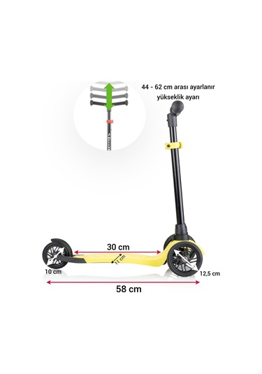 Wellgro Turbo 3 Tekerli Yükseklik Ayarlı Scooter, Sarı Sarı