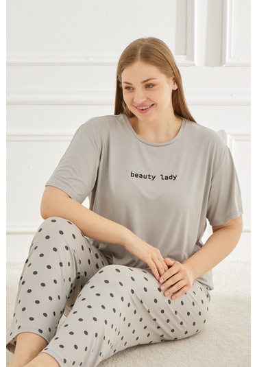 Mihra Kadın Pijama Takımı Büyük Beden & Battal Kısa Kol Gri