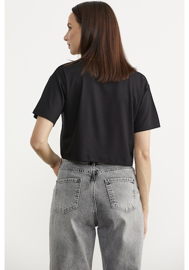 Oversize Baskılı Crop Tişört - Siyah Siyah