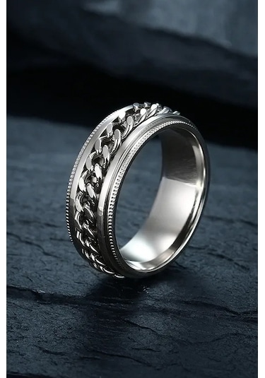 Ortası Dönebilen Zincirli Erkek Kadın Anti-stres Çelik Alyans Yüzük Cl43 Gümüş - Gri