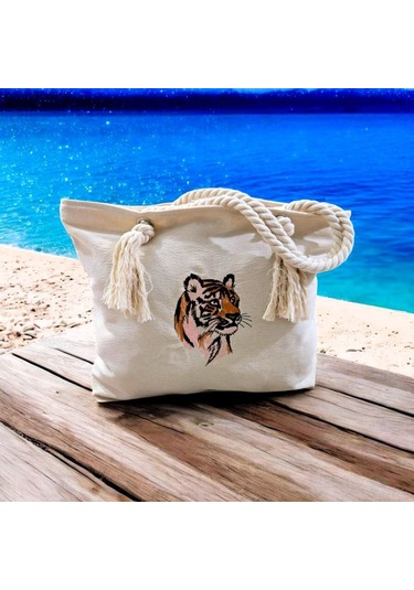 Kaplan Nakışlı Bez Çanta Naturel Ten