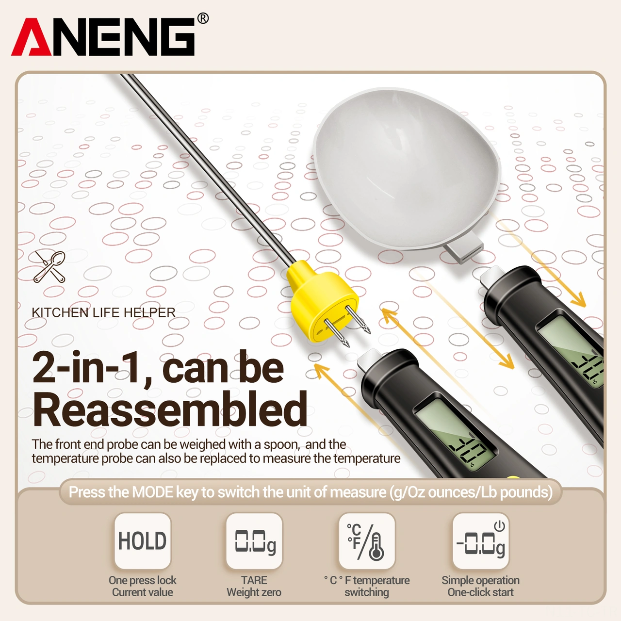 Skycity Aneng Htc-6 Dijital Ölçü Kaşığı Ve Mutfak Termometresi - 3 Birim G/oz/lb Ağırlık Ölçümü, Derece Kontrolü, Siyah, Cr2032 Pil Dahil
