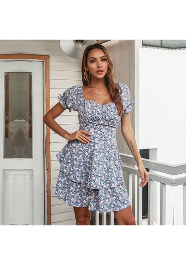 Aboe Diz Kısa Puf Kollu Kadın İlkbahar Yaz Elbisesi A-line Slash Boyun Yüksek Bel İnce Basamaklı Fırfır Çiçek Baskı S-xl Mavi
