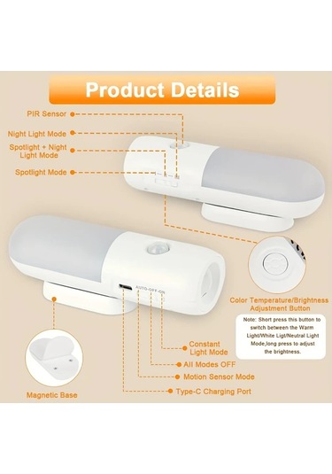 Motion003 1200mah 2 Adet Şarj Edilebilir Hareket Sensörlü Gece Işıkları 3 Renk Seçeneği Ahşap