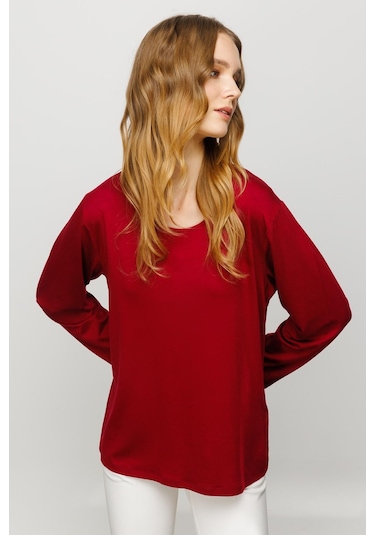 Kadın Sıfır Yaka Basic Penye Bluz Bordo bordo
