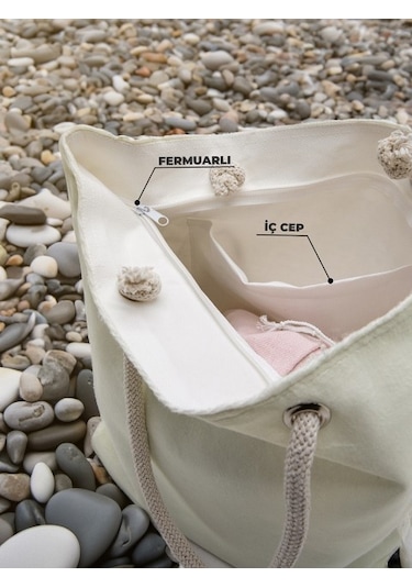 Cüzdan Hediyeli Kadın Plaj Çantası - Krem