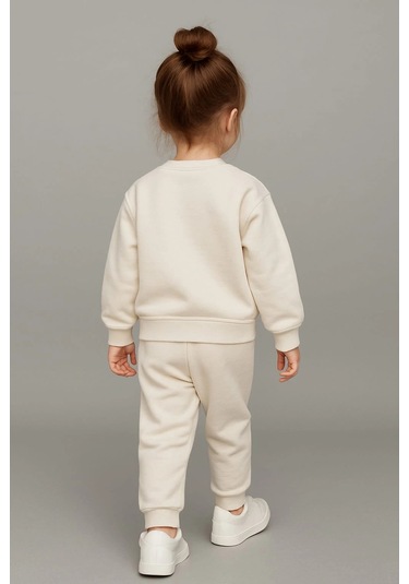 Sevimli Ayıcık Nakışlı %100 Pamuk 2 Li Çocuk Eşofman Takımı BEYAZ