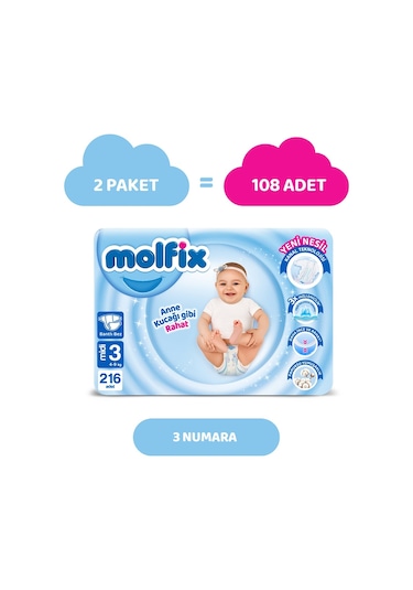 Molfix Bebek Bezi 3 Numara Midi Hiper Ekonomi Paketi 216 Adet 2'li
