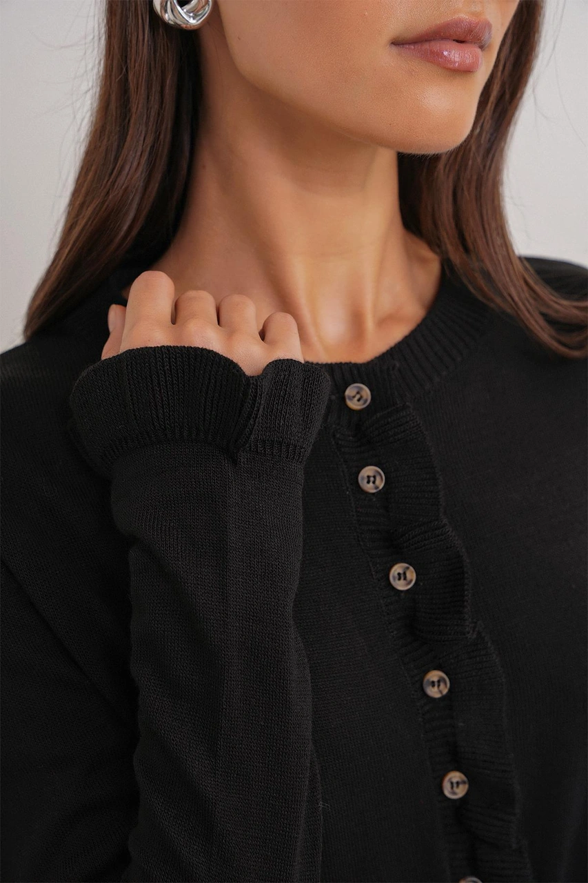 6964 Kadın Düz Fırfırlı Düğmeli Hırka Siyah Siyah