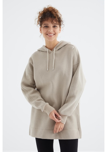 Tommy Life Koyu Bej Reglan Kol Basic Kapüşonlu Oversize Sweatshirt Tunik - 97242 Koyu Bej