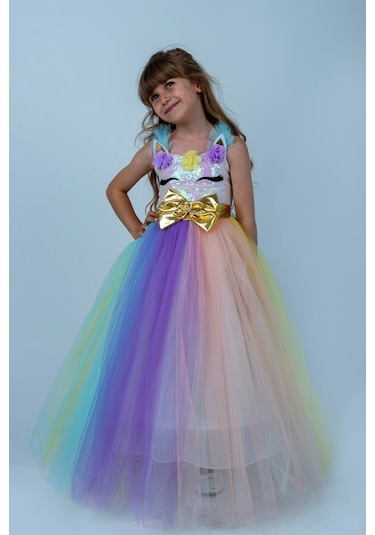 Uzun Unicorn Kasnaklı Kız Çocuk Parti Elbisesi