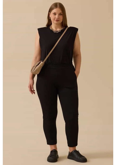 Kadın Büyük Beden Elastik Bel Bilek Boy Pantolon - Siyah 4358748