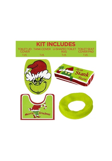 Qingmipy Grinch Noel Banyo Seti - 4 Parça Tuvalet Kapağı, Koltuk Pedi Ve Halı Yeşil Noel Dekoru