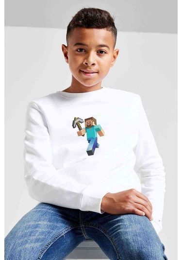 Minecraft Steve Baskılı Unisex Çocuk Beyaz Sweatshirt Beyaz