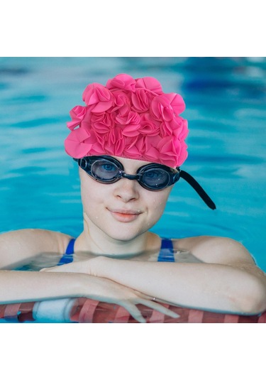 Suntek Yüzme Şapkası Çiçekli Yapraklar Trendy Plaj Pembe