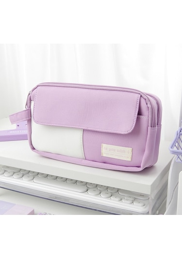 Geniş Fermuarlı Okul Çantası, Lise Öğrencileri İçin Pratik Ve Büyük Boy Kalem Kutusu, Şık Ve Dayanıklı Kırtasiye Malzemeleri Çantası Mor