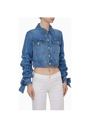 Alice And Olivia Tiff Büzgülü Kollu Kısa Denim Ceket Mavi