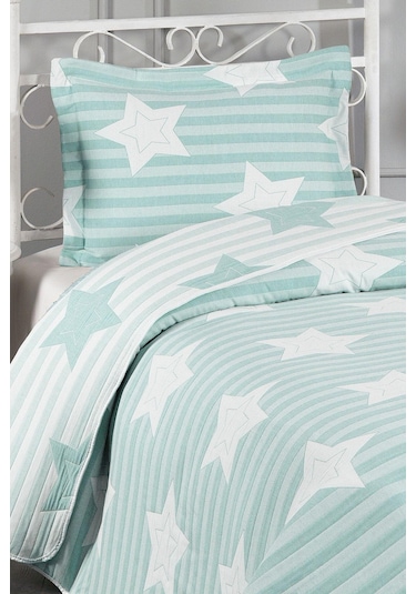 Evlen Home Pedri Yıldız Desenli Pamuklu Tek Kişilik Yatak Örtüsü Pike Takımı 2 Parça Çocuk Yatak Örtüsü Mint