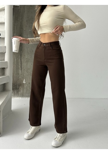 Kadın Yüksek Bel Keten Boyfriend Bol Paça Kahverengi