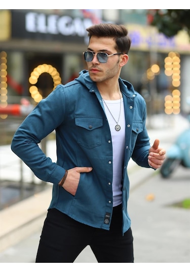 Petrol Renk Kapüşonlu Kot Ceket Petrol