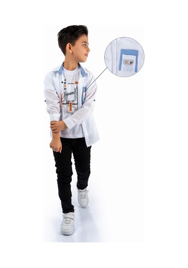 Çift Cepli Gömlek , Pantolon , T-shirt 3parça Pamuklu Erkek Çocuk Takım Mnk965 Beyaz