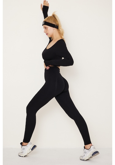 Siyah Kalçası Büzgülü Push Up Kalça Şekillendirici Tayt Seamless F