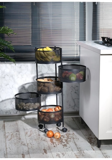 Salda Siyah 5 Katlı Yana Açılır Tekerlekli Patates Soğan Sepeti S