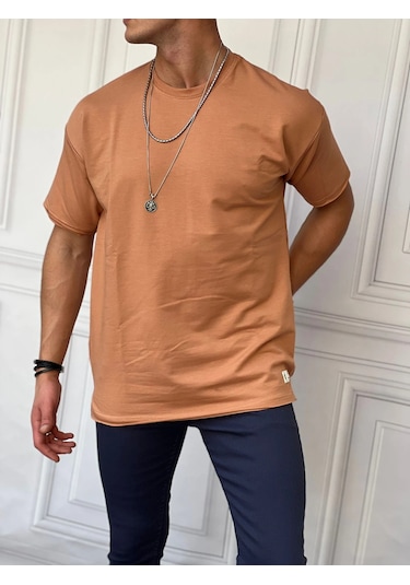 Modefendi Pamuk Likra Yırtmaç Detaylı 2 İplik Oversize Tshirt Hardal