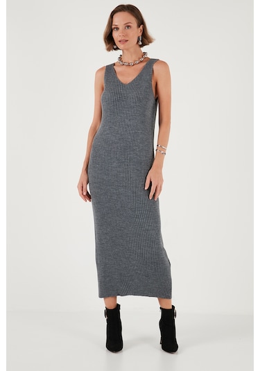 Lela V Yaka Fitilli Uzun Triko Bayan Elbise 4616169 Koyu Gri