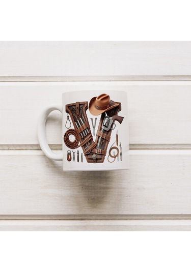 V Harfi Kovboy Temalı Bardak 330 Ml İsim / Harf Kişiye Özel Hediye - Vahşi Batı Konsept Beyaz