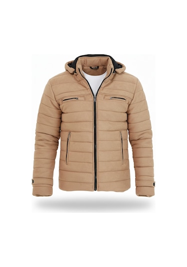 Erkek Vizyon Dar Kesim Kapüşonlu Süet Mont Vizon