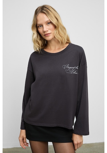 Grımelange Dazulu Kadın Yumuşak Kumaşlı Baskılı Uzun Kollu Antrasit T-shirt Antrasit