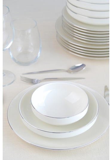 Tabak Evi Sofia Platin Porselen Yemek Takımı 24 Parça 6 Kişilik Beyaz - Gümüş