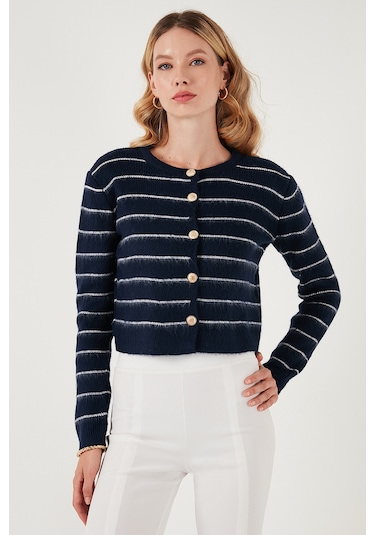 Lela Standart Fit Çizgili Yumuşak Dokulu Crop Triko Bayan Hırka 4615551 Lacivert