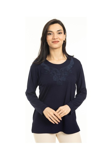 Kadın Orta Yaş Ve Üzeri Yeni Model Yuvarlak Yaka Likralı Anne Penye Bluz 30550-lacivert
