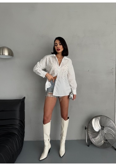 Kadın Taşlı Premium Kalite Uzun Kollu Oversize Gömlek Beyaz