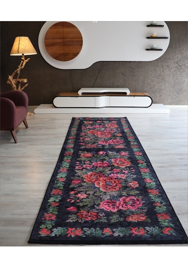 Karabağ Yolluk Yeşil Siyah Mutfak Halısı Yıkanabilir Kilim