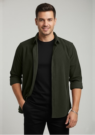 Deepsea Erkek Yeşil Kadife Fitilli Rahat Kesim Gömlek Yumuşak Dokulu Likralı Kadife Gömlek 2600758 Yeşil