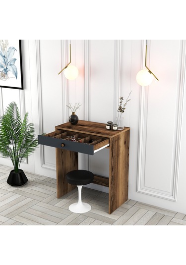 Lizbon Mini Makyaj Masası - Ceviz / Antrasit