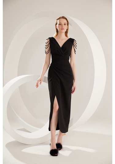 Doridorca Kadın Büyük Beden Kruvaze Yaka Kolları Taş Ve Süsleme Detaylı Abiye Elbise 6092 Siyah