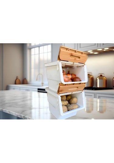 Motek Patetes Soğan Sepeti Oyuncak Kutusu Tekerlekli Organızer Çok Amaçlı Kutu 2x12lt-bambu+krem