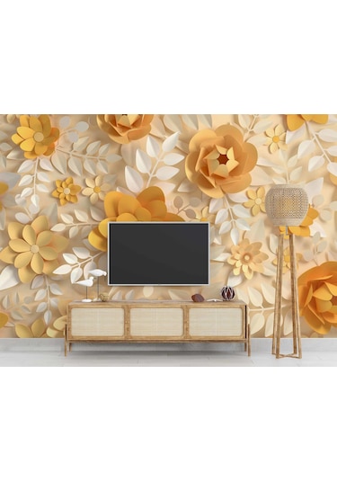 3 Boyutlu Kağıt Sarı Kabartma Çiçek Duvar Kağıdı