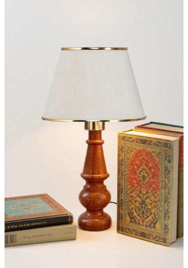 Ahşap Gövdeli Kumaş Başlıklı Dekoratif Abajur Masa Lambası Aydınlatma Lamba Krem