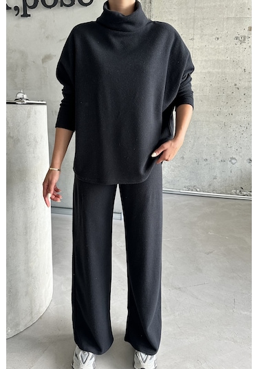 Modagen Kadın Selanik Kumaş Balıkçı Yaka Alt Üst Takım Siyah