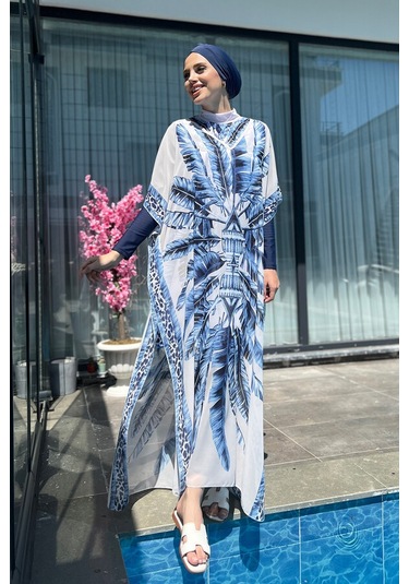 Remsa Mayo Tesettür Mayo Üzerine Desenli Tek Kaftan Pareo 430-301 Maldiv Mavi Mavi
