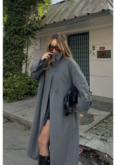 Gri Vittoria Düğmeli Yaka Kaban - 2511 Gri