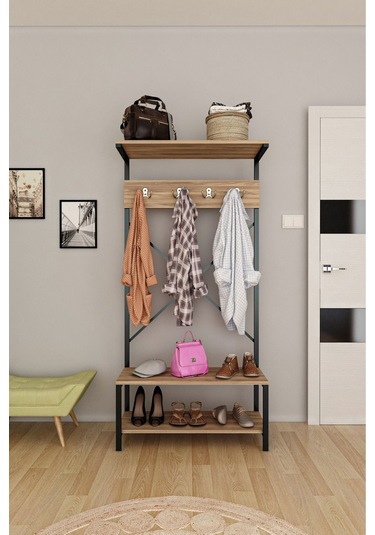 Vesta Serisi Ayakkabılık Ve Portmanto & Askılık Ceviz Renkli Raflı Beyaz