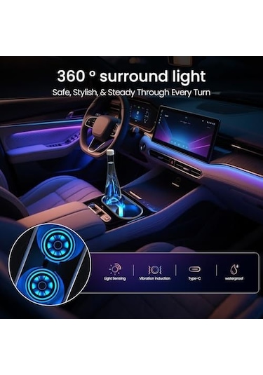 Geeksen 2 Adet Şarjlı Titreşim Sensörlü Led Araba Fincan Tutucu Lambası - 7 Renkli Degrade Araç İçi Dekorasyon Aydınlatma