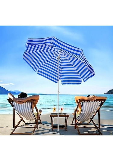 Plaj Şemsiyesi 10 Telli 200 Cm Çap Mavi Beyaz Eğim Verilir Bidonsuz Ve Rosie Hediye Mavi - Beyaz